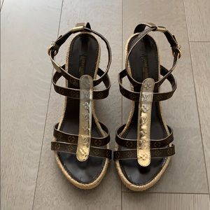 LV Monogram Espadrille Wedge Sandals size 37.5